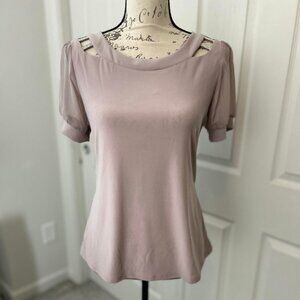 Women's Pink Blush Sheer Short-Sleeved Blouse with Bling on the Top of Shoulders